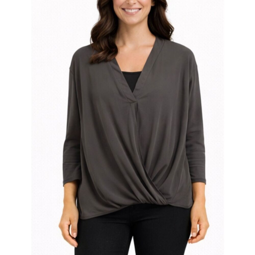 Alya grey draped front high low blouse xs